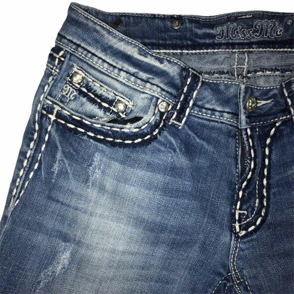 Miss Me JPS5014 Distressed Embroidered Flap Pockets Croppped Crop Jeans 29 18 - Picture 4 of 9